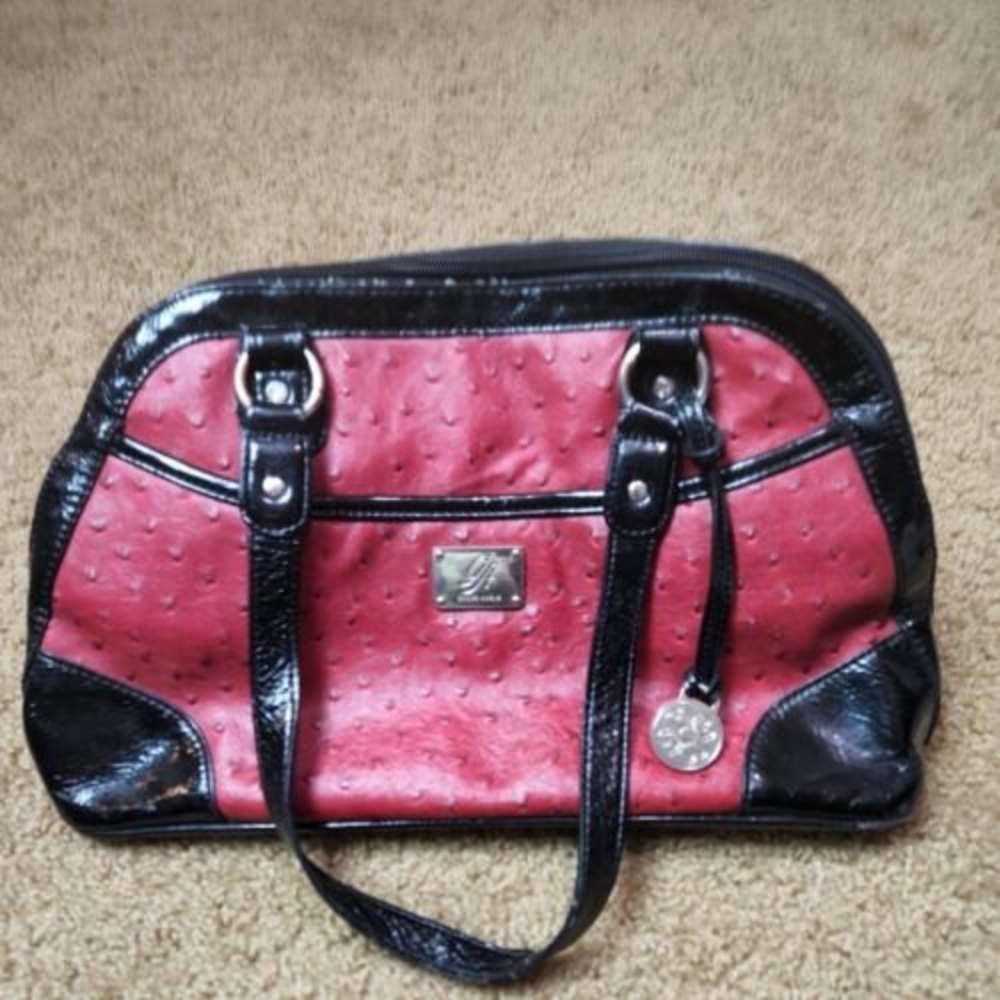 Grace Adele Textured Handbag‎ Purse red Black Faux Ostrich Lots of Pockets